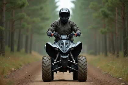 Homme adulte équipé d'un casque intégral conduit un quad électrique puissant sur un chemin forestier en terre