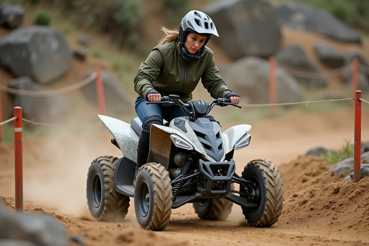 Femme adulte en équipement de protection pilote un quad électrique sur un parcours sécurisé avec des cônes de signalisation