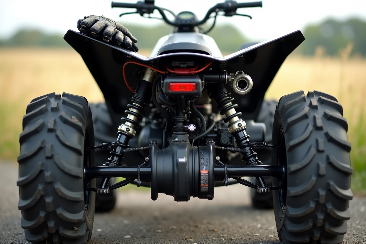 Gros plan sur le moteur électrique et les roues tout-terrain d'un quad électrique adulte puissant garé sur du gravier