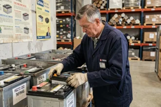Technicien de recyclage triant des batteries usagées dans un centre de traitement industriel
