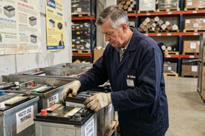 Technicien de recyclage triant des batteries usagées dans un centre de traitement industriel