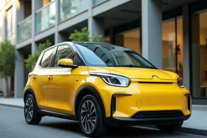Renault 5 hybride jaune garée en milieu urbain, vue trois quarts avant sur rue moderne