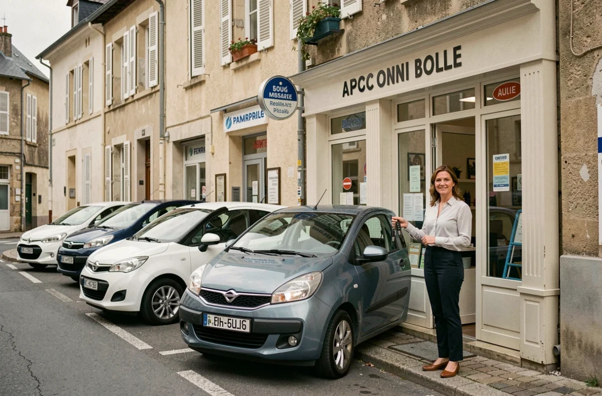 Agence Rent A Car à Belley avec une conseillère tenant des clés de voiture devant des véhicules accessibles en location