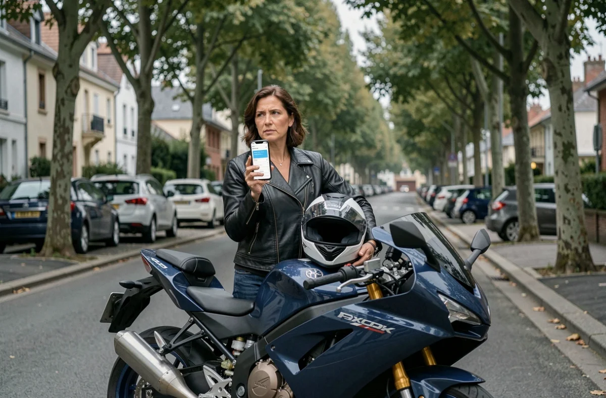 Motarde consultant une application d'assurance sur smartphone à côté de sa moto garée