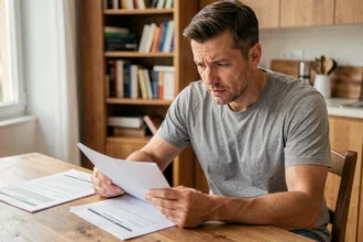 Homme consultant un contrat d'assurance moto à la maison pour envisager une résiliation