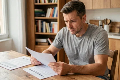 Homme consultant un contrat d'assurance moto à la maison pour envisager une résiliation