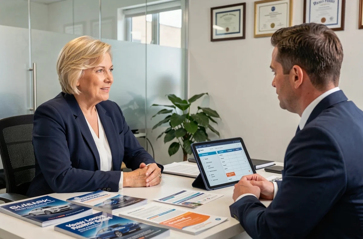 Femme en réunion avec un conseiller pour obtenir un devis d'assurance automobile personnalisé