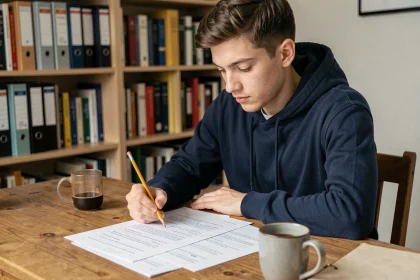 Jeune homme révisant des questions de vérification de permis de conduire imprimées sur papier, assis à un bureau en bois avec un crayon à la main