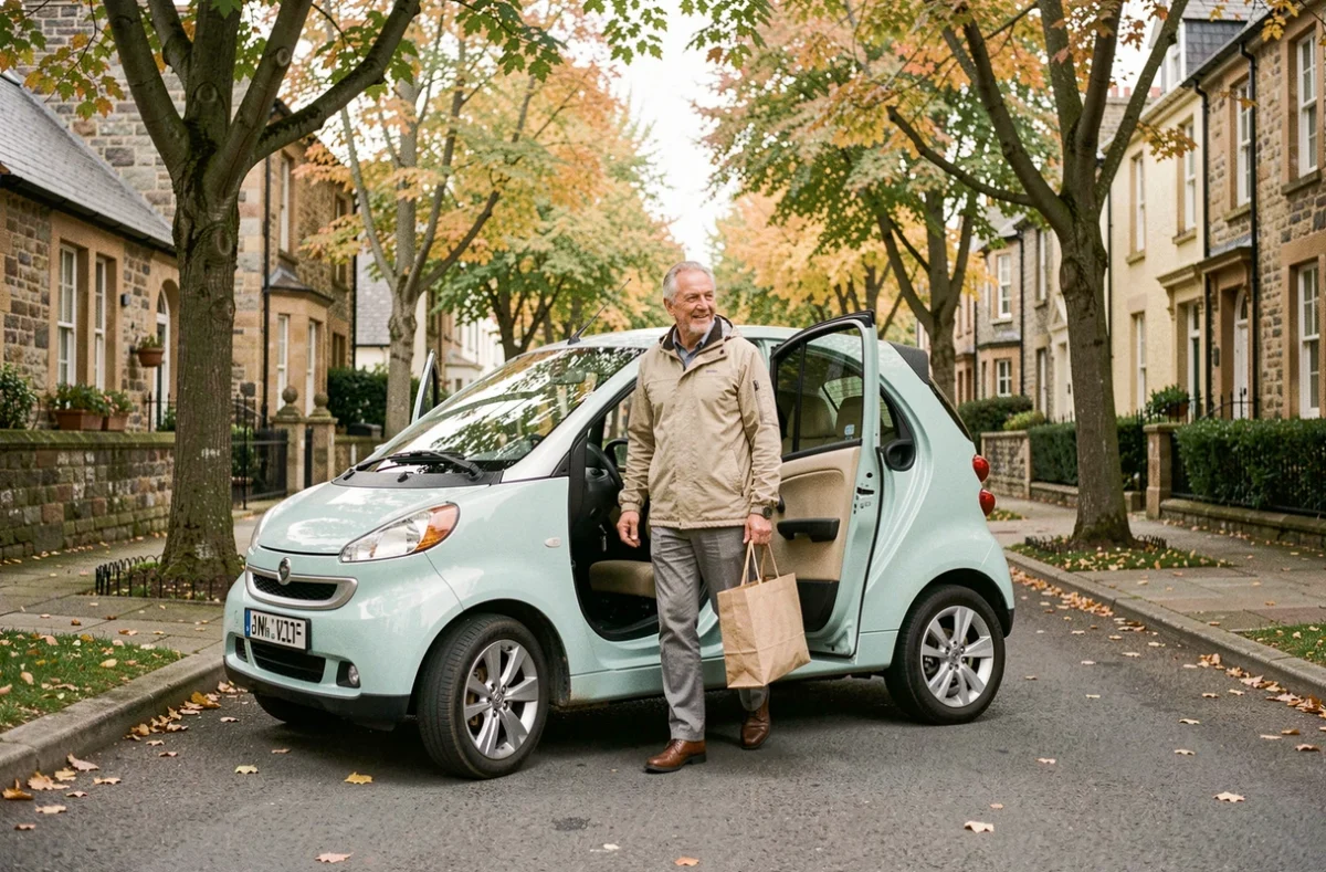 Senior autonome sortant d'une voiture sans permis dans une rue résidentielle, illustrant la mobilité en LLD pour les personnes âgées