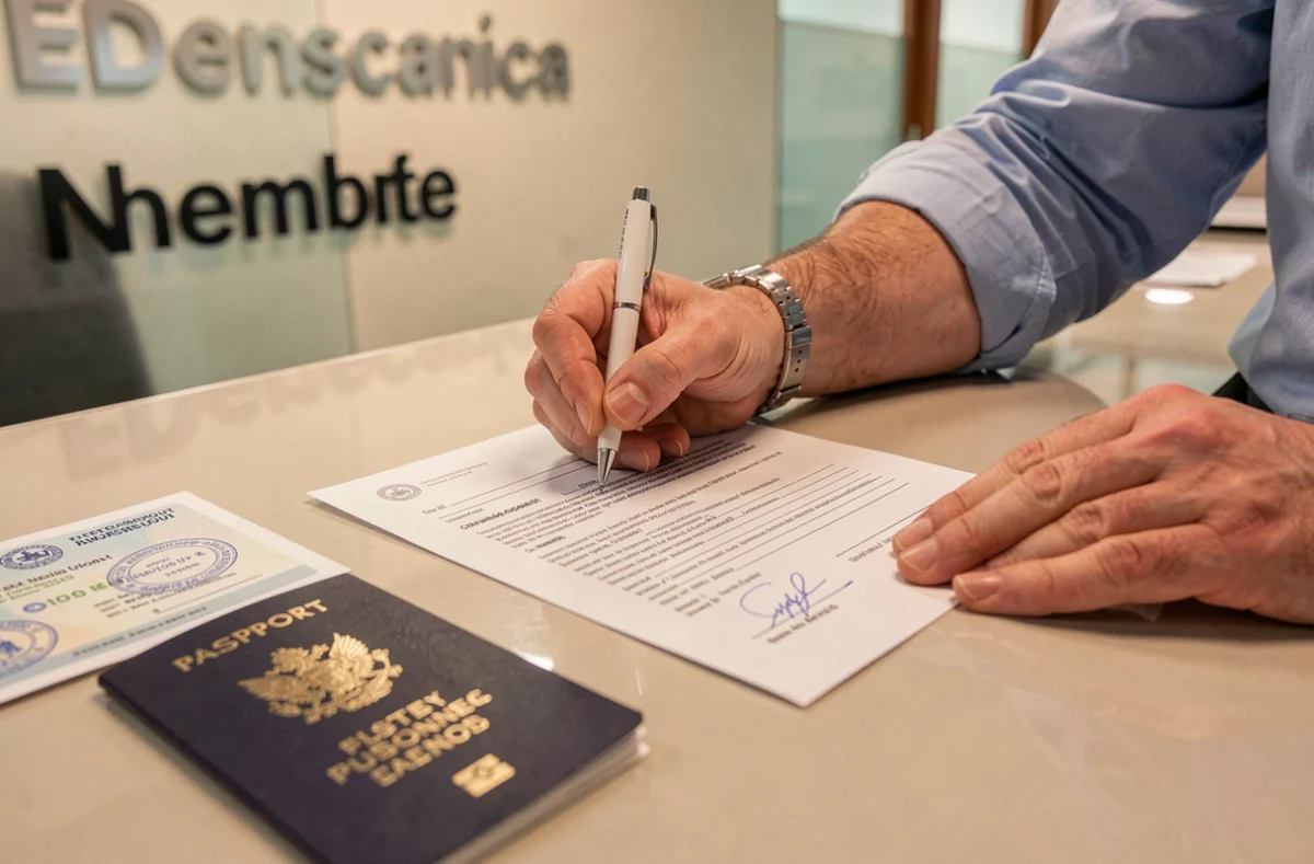 Mains signant un contrat d'assurance voiture export avec passeport et certificat d'exportation sur bureau