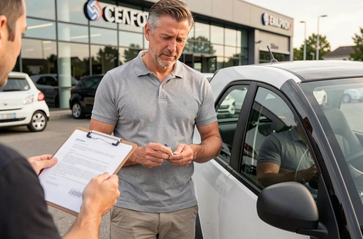 Homme signant un contrat de location longue durée pour une voiture sans permis chez un concessionnaire