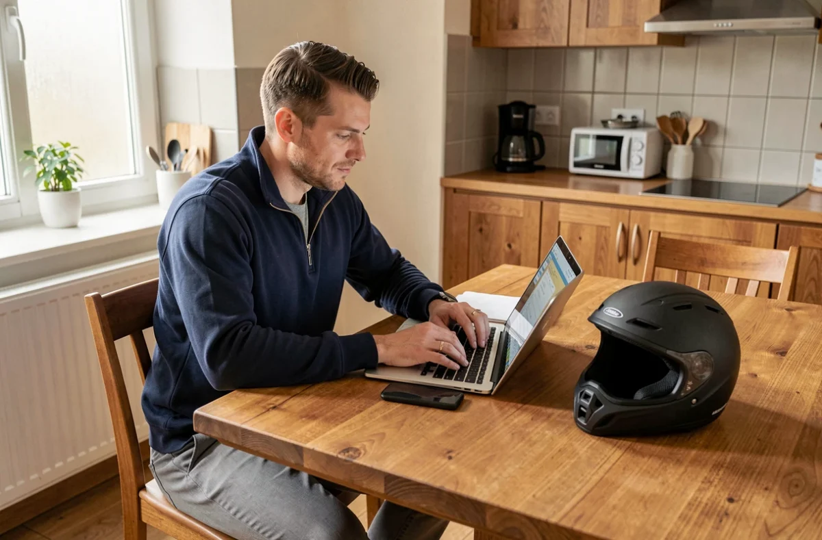 Homme souscrivant une assurance scooter temporaire en ligne depuis son ordinateur portable à la maison