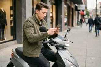 Jeune homme sur un scooter urbain consultant une application d'assurance temporaire sur son smartphone
