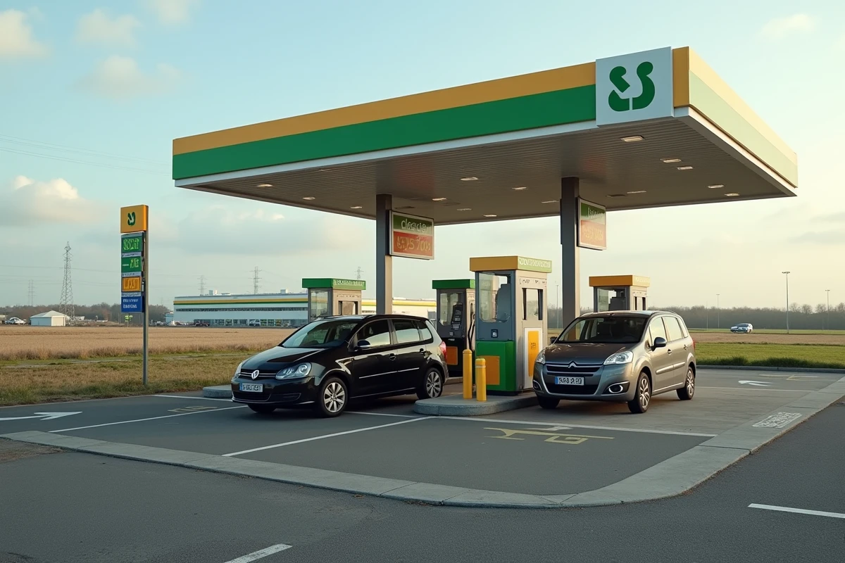 Station-service discount de supermarché près d'une sortie d'autoroute avec files d'attente et panneaux de prix visibles