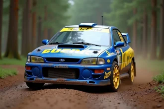 Subaru Impreza WRC historique en livrée bleue et jaune sur une spéciale de gravier en forêt, boue sur les ailes, ambiance rallye années 1990