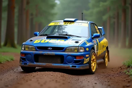 Subaru Impreza WRC historique en livrée bleue et jaune sur une spéciale de gravier en forêt, boue sur les ailes, ambiance rallye années 1990