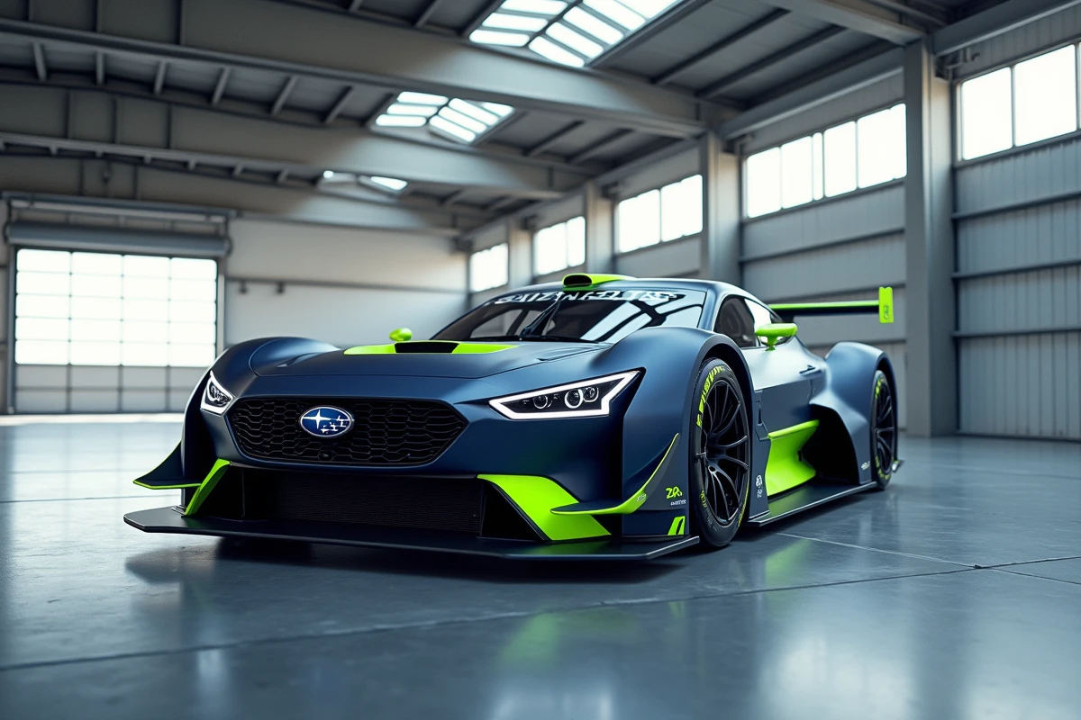 Concept de la Subaru World Rally Car 2026 en bleu mat et vert électrique, exposée dans un hall automobile minimaliste au sol en béton poli