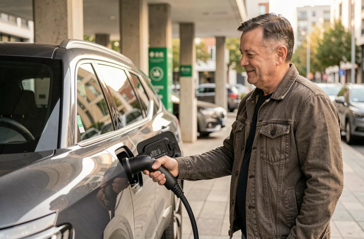 Homme branchant le câble de recharge d'un SUV hybride rechargeable de marque chinoise dans une station de charge urbaine européenne