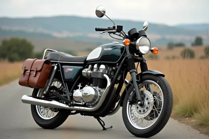Suzuki GT750 vintage préparée pour un road-trip avec sacoches en cuir sur route rurale
