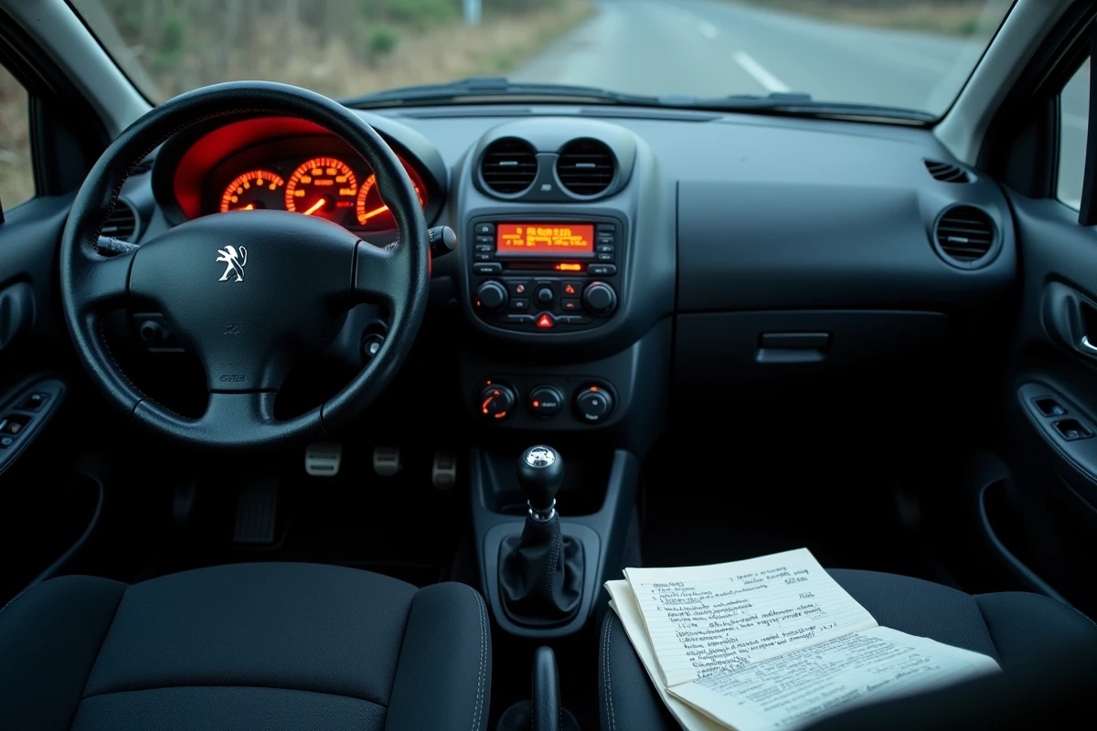Tableau de bord d'une Peugeot 207 avec voyant antipollution allumé et documents de vente posés sur le siège passager