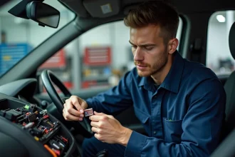 Technicien automobile tenant des connecteurs ISO et un faisceau d'origine lors d'une installation d'autoradio en atelier