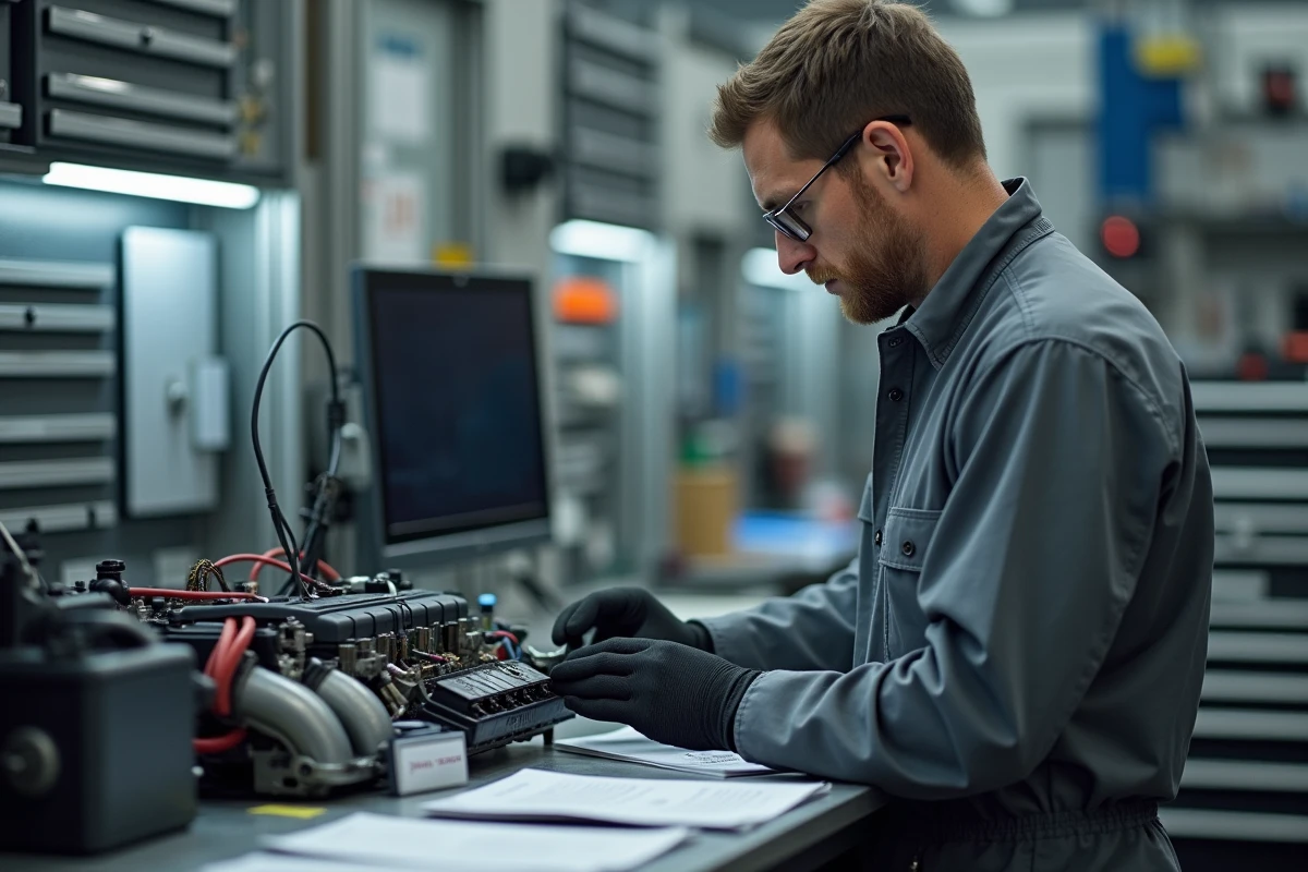 Technicien automobile examinant un ECU dans un atelier moderne