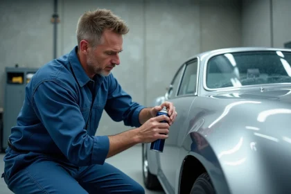 Technicien en train de peindre une voiture avec expertise