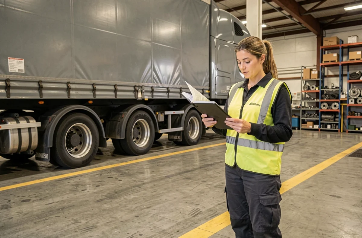 Technicienne logistique vérifiant les critères techniques d'un airlinker en atelier