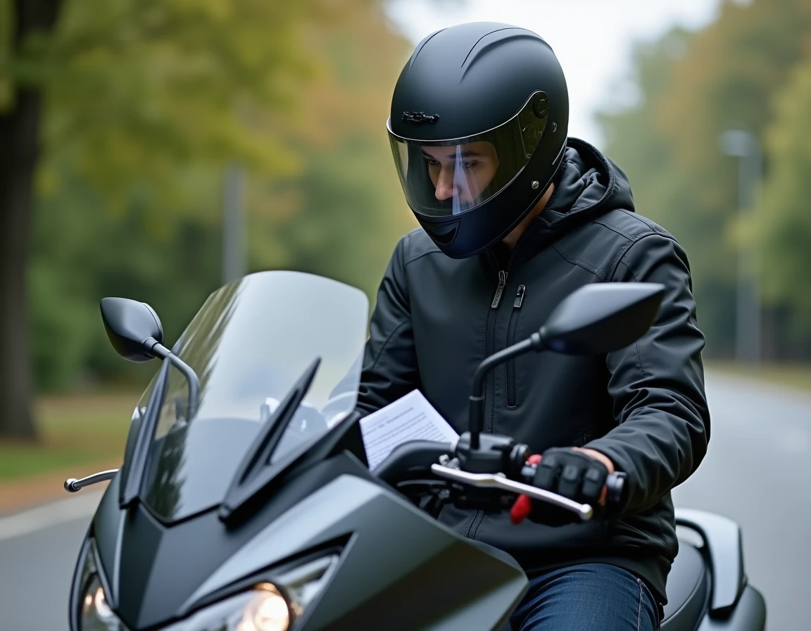 Motard en tenue de protection consulte des documents administratifs assis sur un Yamaha TMAX 750 gris mat, évoquant la carte grise et l'assurance