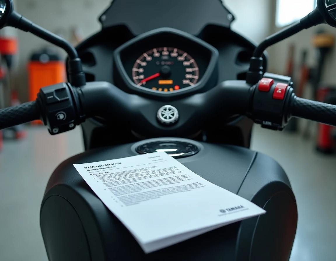 Tableau de bord numérique du Yamaha TMAX 750 avec documents d'assurance et de carte grise posés sur la selle, illustrant le budget total d'achat 2026