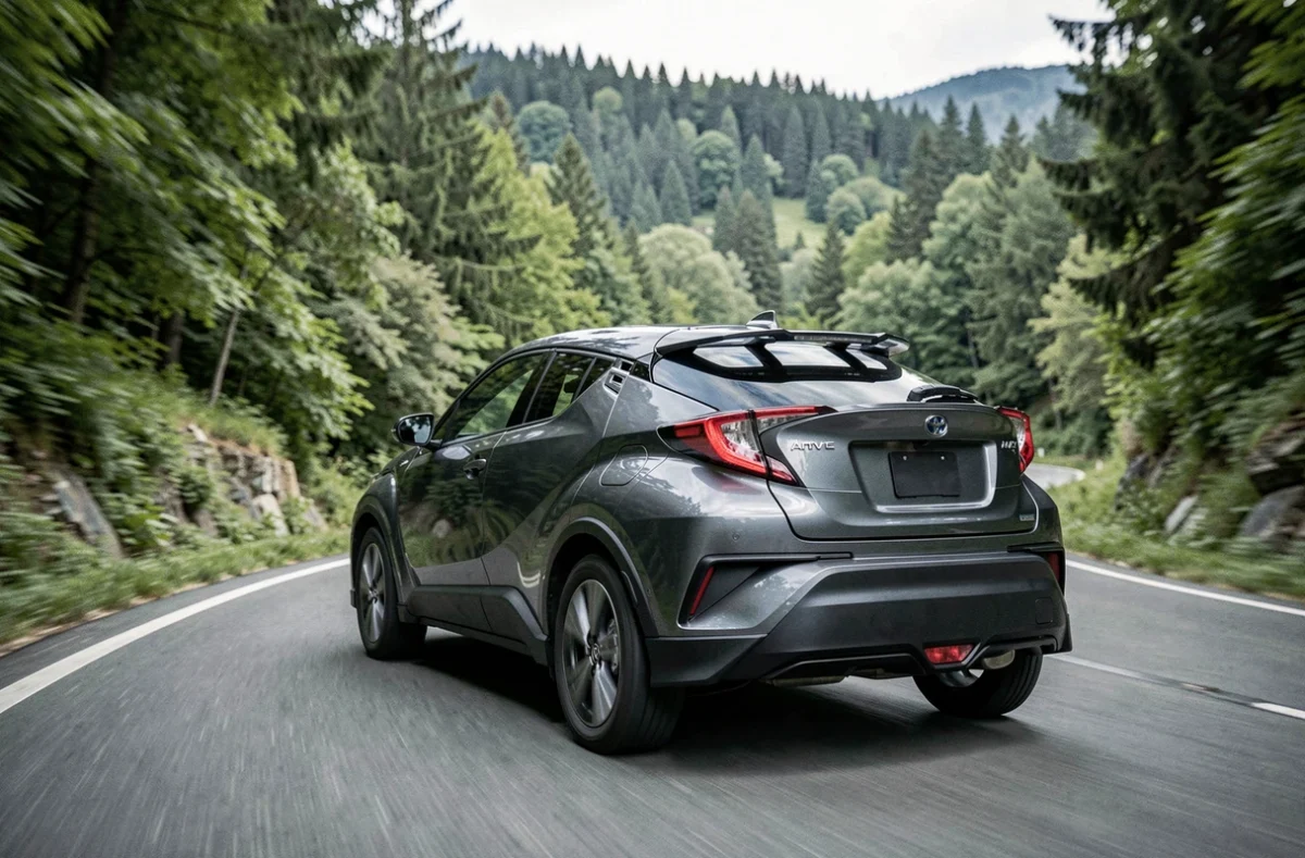 Toyota C-HR gris anthracite en mouvement sur une route de montagne sinueuse entourée de forêt, photo en filé montrant le dynamisme du véhicule