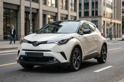 Toyota C-HR en blanc nacré garé en milieu urbain, vue trois quarts avant mettant en valeur le design angulaire et le toit biton
