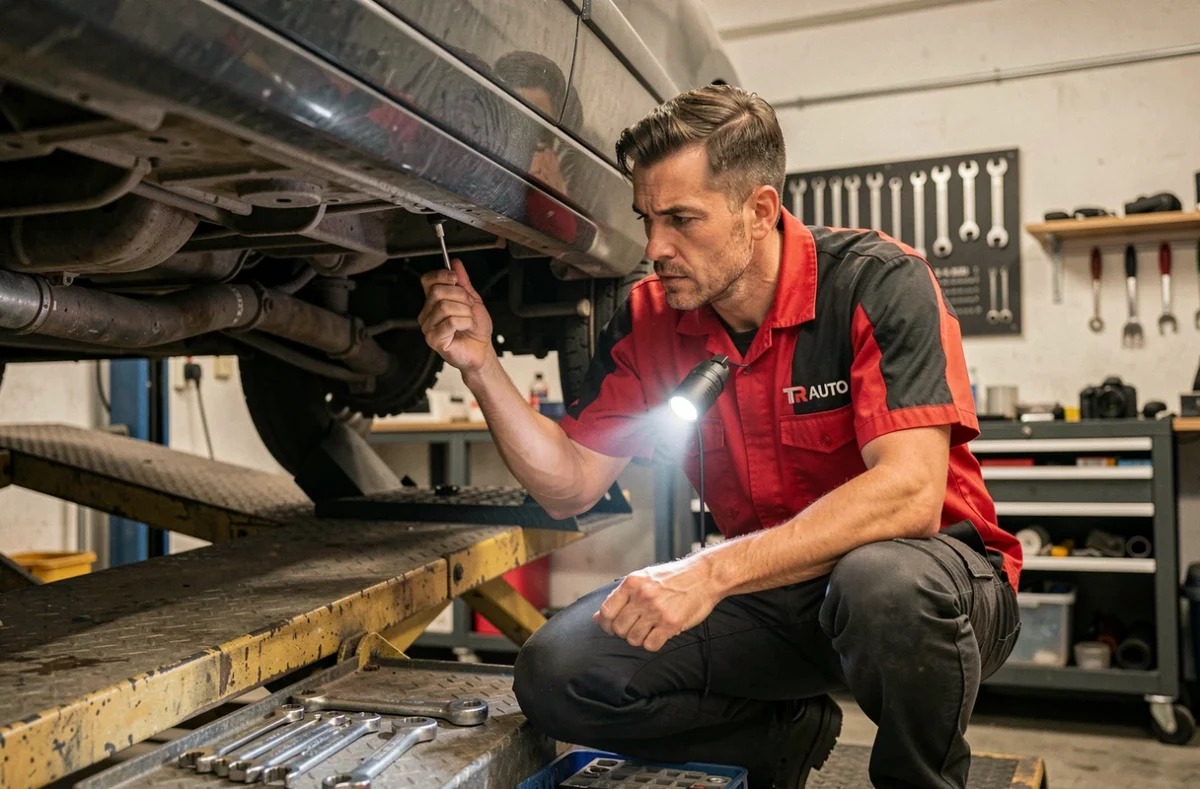 Mécanicien de TR Auto inspectant le dessous d'un véhicule surélevé dans un garage automobile professionnel