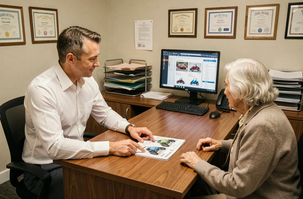 Un vendeur conseille un couple de seniors sur l'achat d'une voiturette sans permis d'occasion en concession