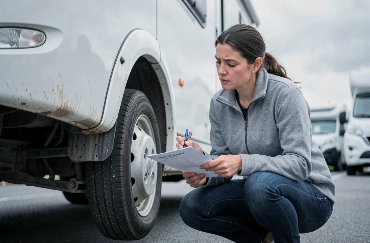 Femme examinant le châssis d'un camping-car d'occasion avec une liste de vérification lors d'une visite chez un concessionnaire