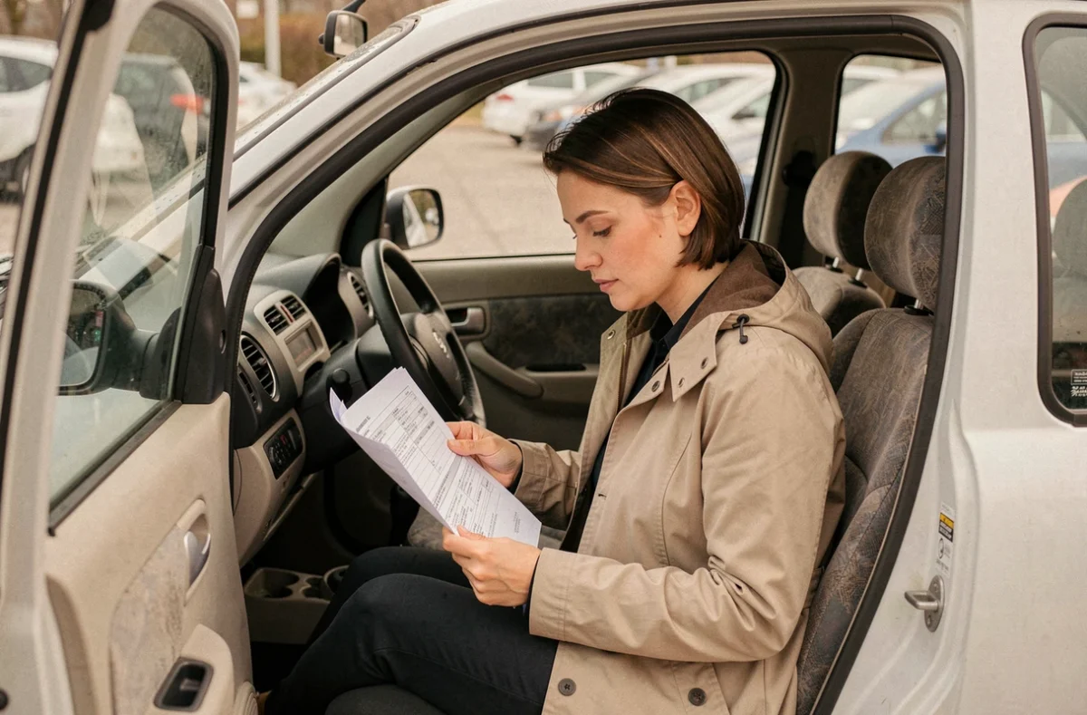 Femme vérifiant les documents d'une voiture sans permis d'occasion avant achat