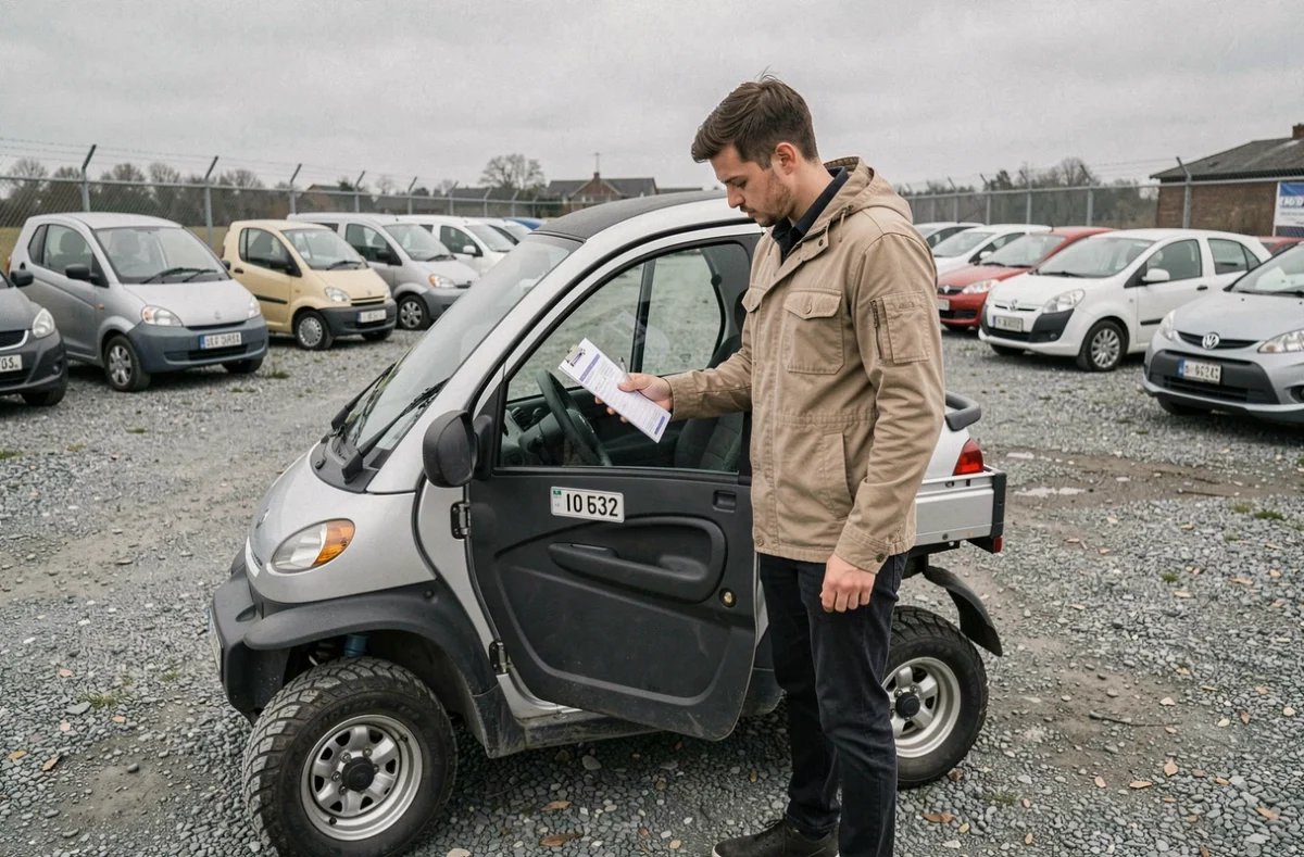 Jeune homme vérifiant la plaque d'identification d'une voiture sans permis dans un parking de concessionnaire