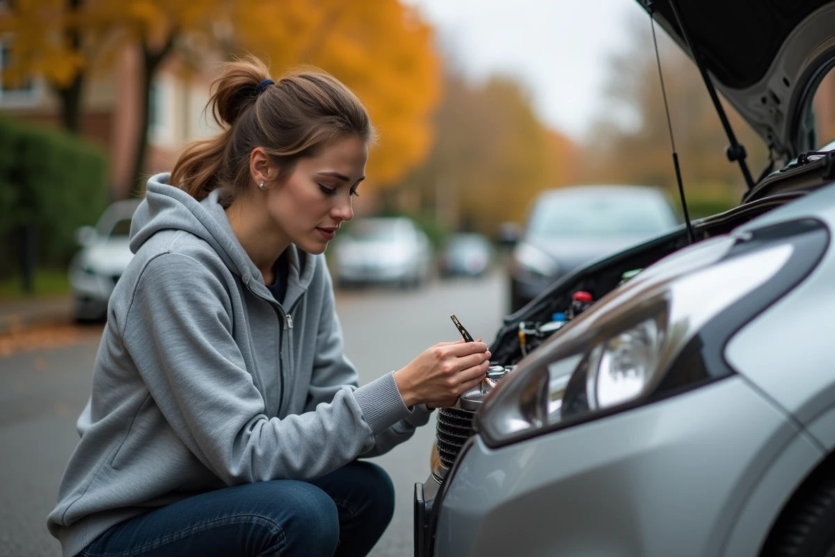 Femme vérifiant le niveau d'huile moteur d'une Peugeot 208 essence avec une jauge à huile