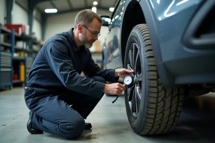 Technicien automobile vérifiant la pression d'un pneu avec un manomètre dans un garage professionnel