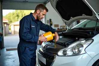 Mécanicien versant de l'huile moteur dans une Peugeot 208 essence dans un garage particulier