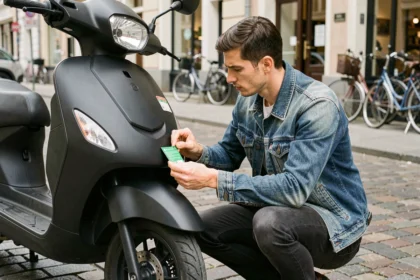 Homme collant une vignette d'assurance sur le pare-brise d'un scooter noir en ville