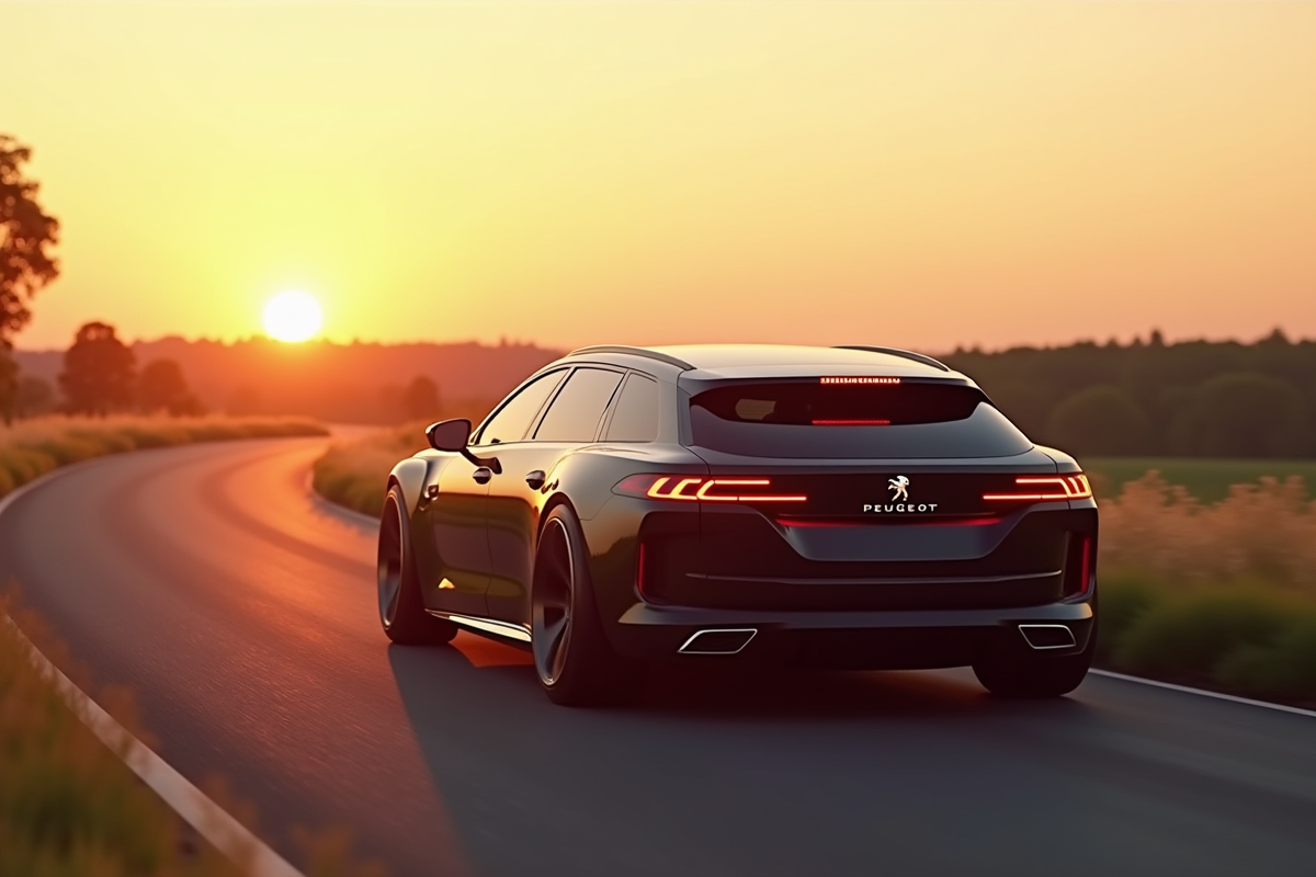 Voiture hybride en campagne au coucher du soleil