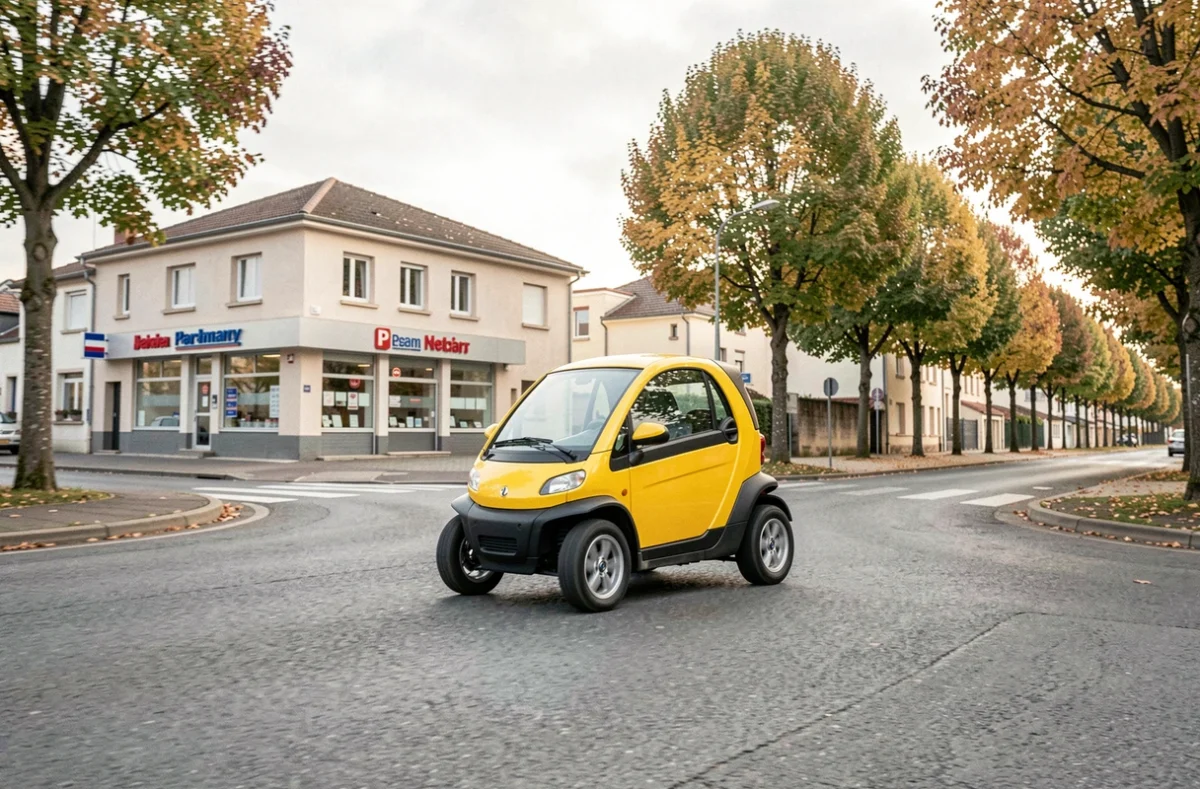 Voiture sans permis jaune circulant dans un rond-point en périphérie d'une ville française, mobilité urbaine adaptée aux conducteurs sans permis à Auxerre