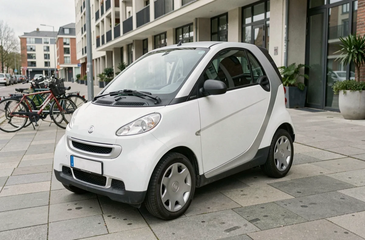 Voiture sans permis électrique blanche garée en ville, idéale pour une location longue durée en milieu urbain