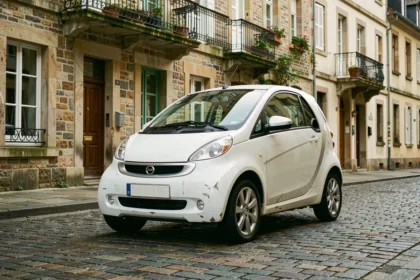 Voiture sans permis d'occasion garée dans une rue pavée d'une ville de Meurthe-et-Moselle