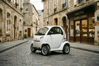 Voiture sans permis blanche garée sur une rue pavée d'une ville de province française, idéale pour les déplacements urbains à Auxerre
