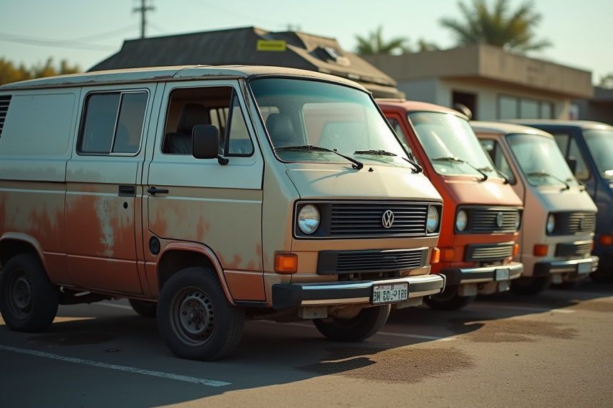 Vans d'occasion stationnes en plein soleil dans un parking