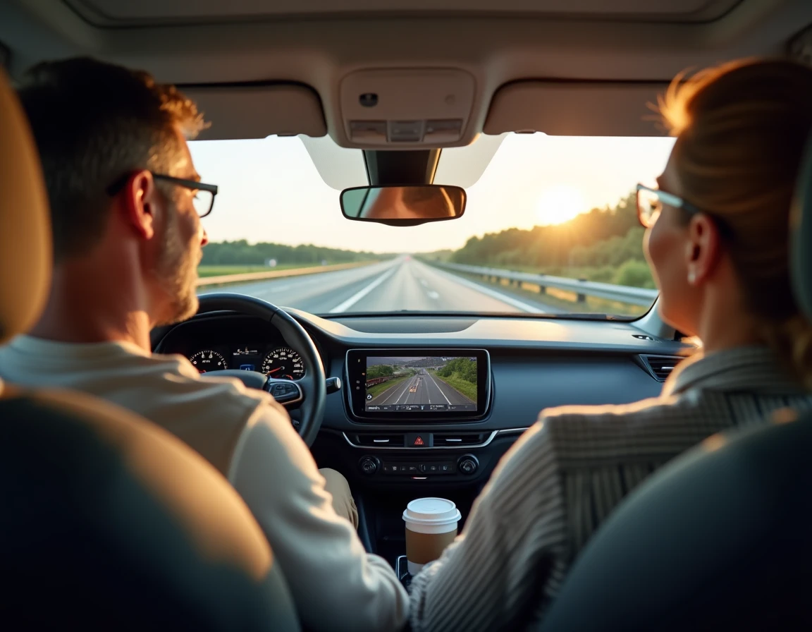 Couple en voiture sur l'autoroute consultant un GPS, illustrant le trajet libre sans péage sur le réseau autoroutier gratuit français