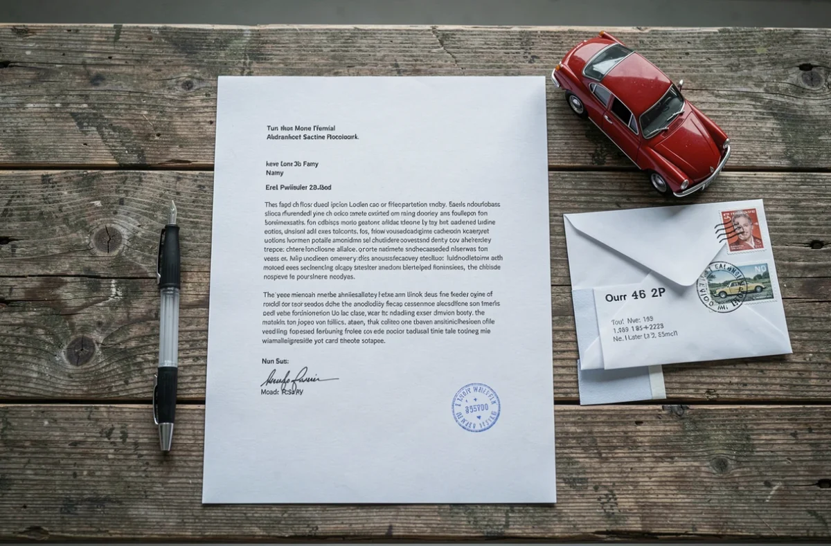 Vue aérienne d'une lettre de résiliation d'assurance auto avec enveloppe et stylo sur table en bois