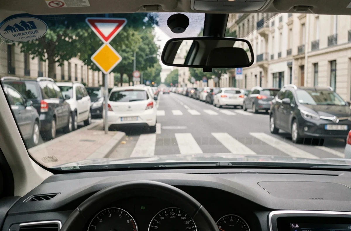 Vue depuis l'habitacle d'une voiture face à un panneau losange jaune et un cédez-le-passage en ville